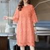 Women Casual Round Neck 3/4 Sleeve Patchwork Lace Dress