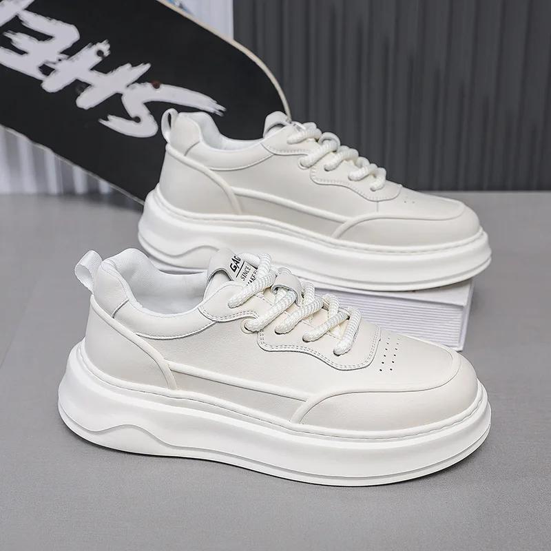 European New Shoes for Men Genuine Leather Casual Platform Shoes Fashion Flat Skateboard Shoes Lace-up Sneaker