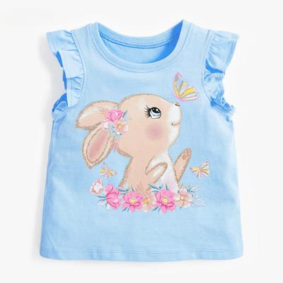 Sommer Reine Baumwolle Süßes Cartoon Hase Druck T-Shirt Mädchen Rundhals Ärmelloses T-Shirt für Mädchen Lotusblatt Tops Blaue T-Shirts Kinder Kinderbekleidung