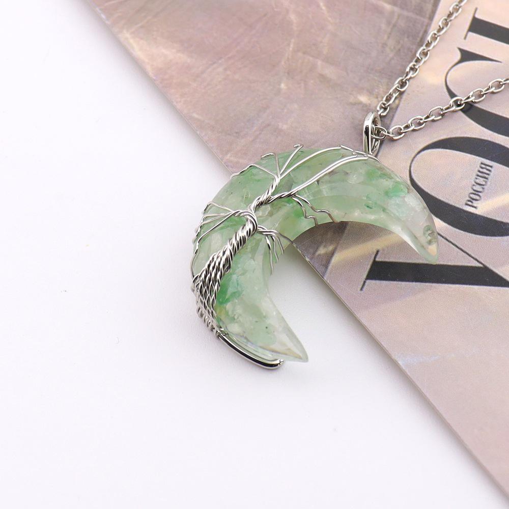 Natural Crystal Crescent Moon Pendant – Tree of Life Necklace