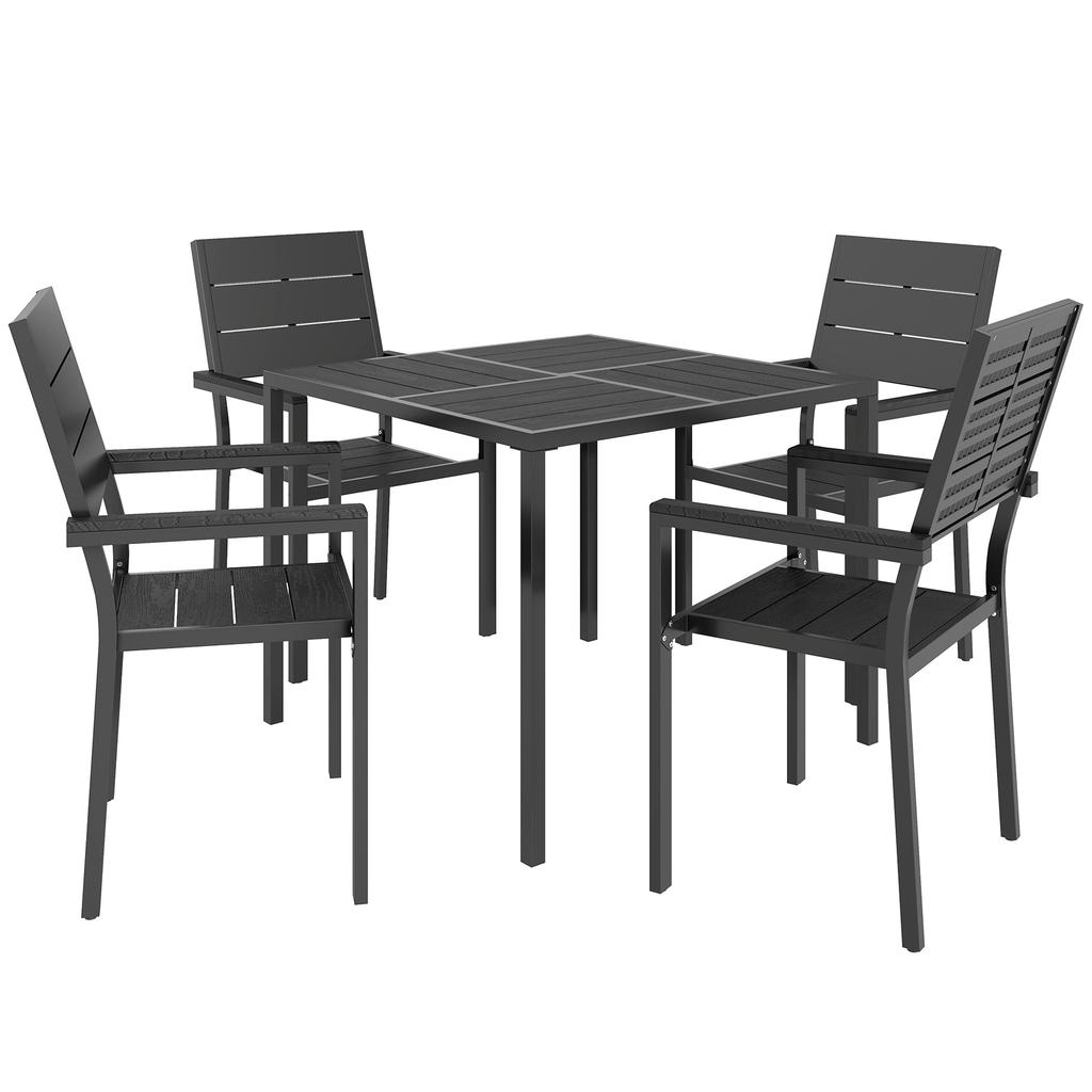 5 Pieces Garden Dining Set, Garden Table and Chairs Set for 4 with Square HDPE Table and Chairs with Armrests, Black