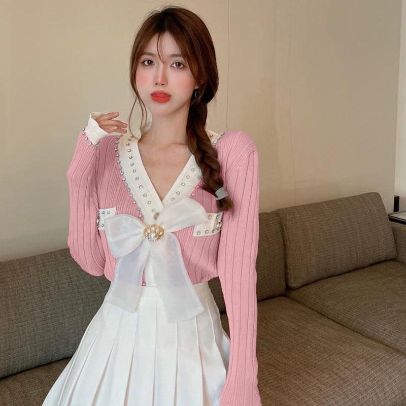 Spring Autumn Women Full Sleeve V-neck Luxury Diamond Beading Bowtie Knitted Sweater Single Breasted Cardigans Tops