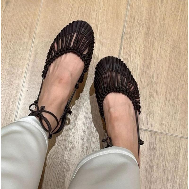 New Handmade Women Woven Flats Retro Baotou Sandals Shallow Mouth Flat Ballet Shoes Genuine Leather Mary Jane Shoes for Women