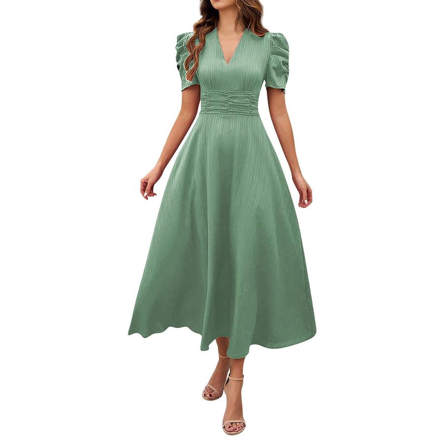 

Summer Women s Fashion Chic High Waist Solid Short Sleeve Ruched Dress XL зелений