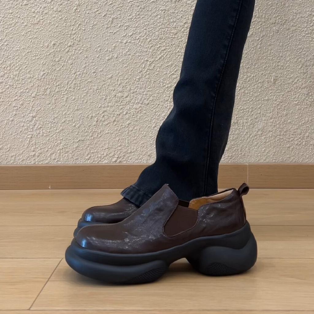 Retro British style round head thick-soled small leather shoes autumn and winter muffin bottom middle mouth one pedal single shoes loafers