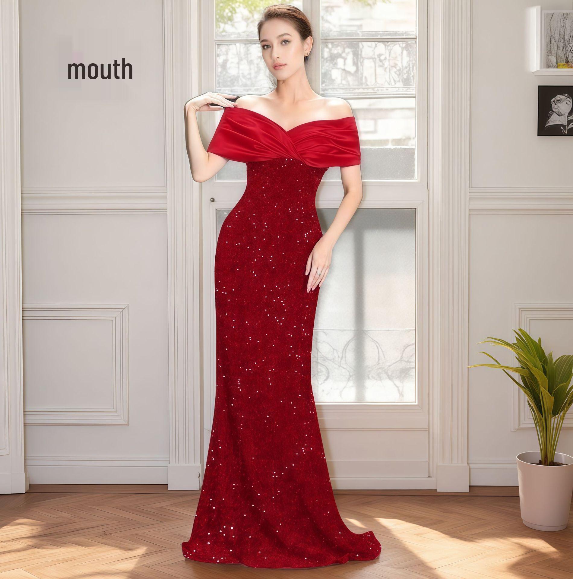 One-Shoulder Sequined Mermaid Evening Gown – Elegant and Sexy Fit L бордовый