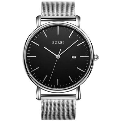 Einfache, stilvolle Marke, beliebte, ultradünne, leichte Analoguhr, wasserdichte Quarz-Armbanduhr [BUREI] für Herren, Silber-Schwarz