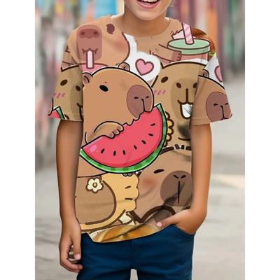Letnie T-shirty dziecięce chłopięce z okrągłym dekoltem i nadrukiem graficznym 3D z uroczą kapibarą, modne i codzienne, z krótkim rękawem