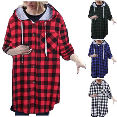 Jaqueta Blusa Cardigan Casual Moda Feminina Manga Longa Xadrez com Capuz Casaco