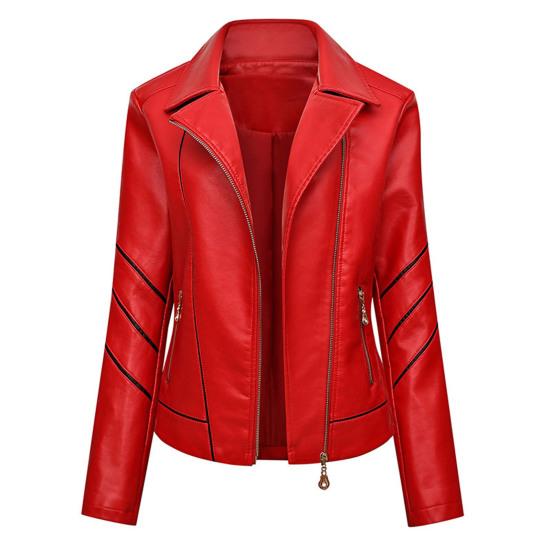 

Women Jacket Solid Color Faux Leather Windproof Slim Lady Coat for Motorcycle Riding 2XL червоний