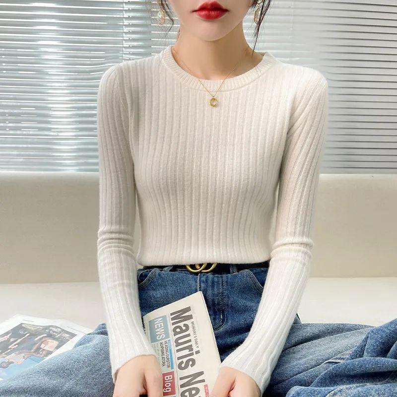 

Женский приталенный вязаный свитер с круглым вырезом - Мода осень/зима, Длинный рукав, Высококачественный топ-базовый слой. Small белый