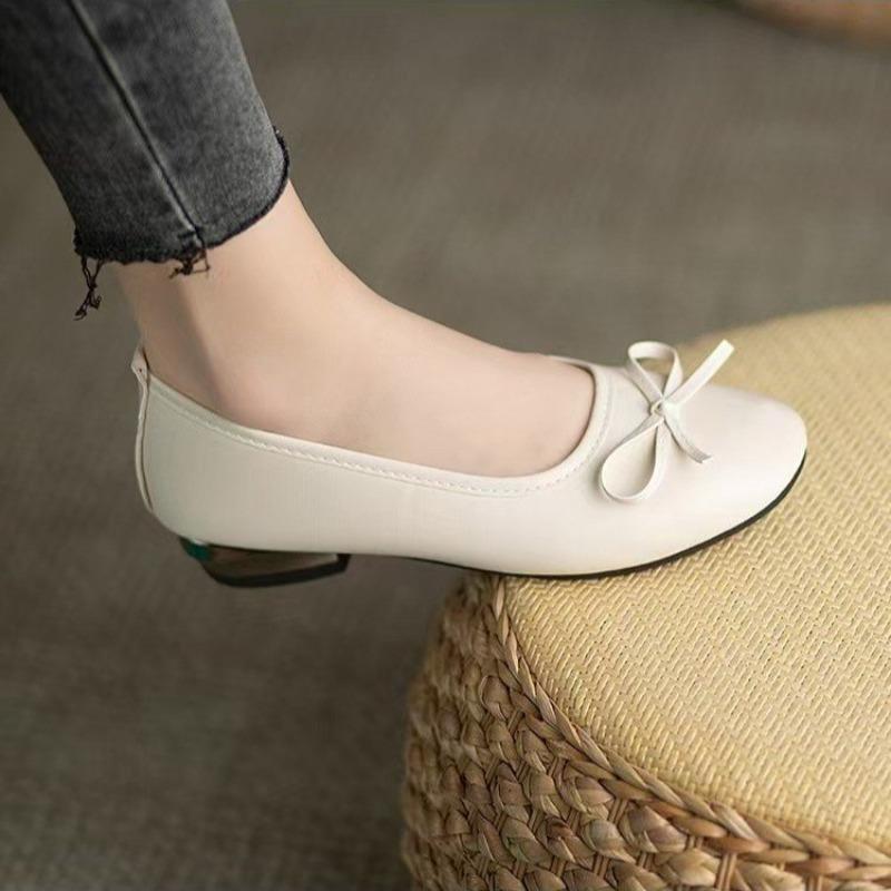 Round Head Bow Small Leather Shoes Shallow Mouth Single Shoes Flat Bottom Simple Casual Fashion Women's Board Shoes Mother Shoes