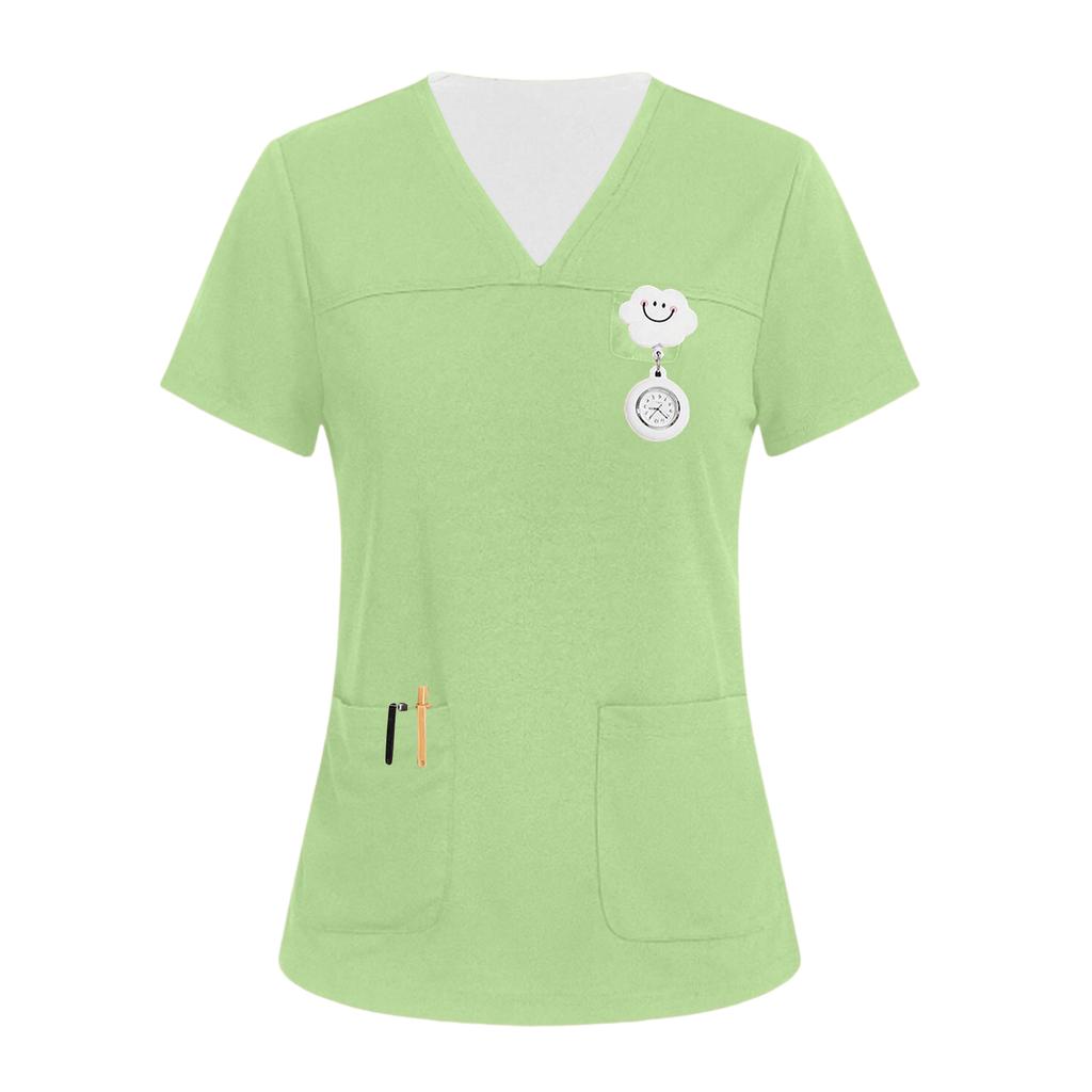 Women's V-neck Three-pocket Short-sleeved  Uniform/caregiver Top With Slits At The Hem