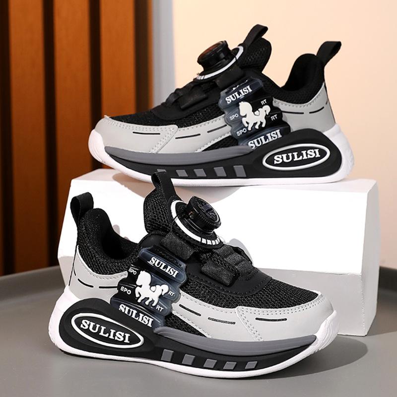 Boys' shoes New children's sports shoes Medium and older children's rotating buckle single mesh breathable mesh running shoes