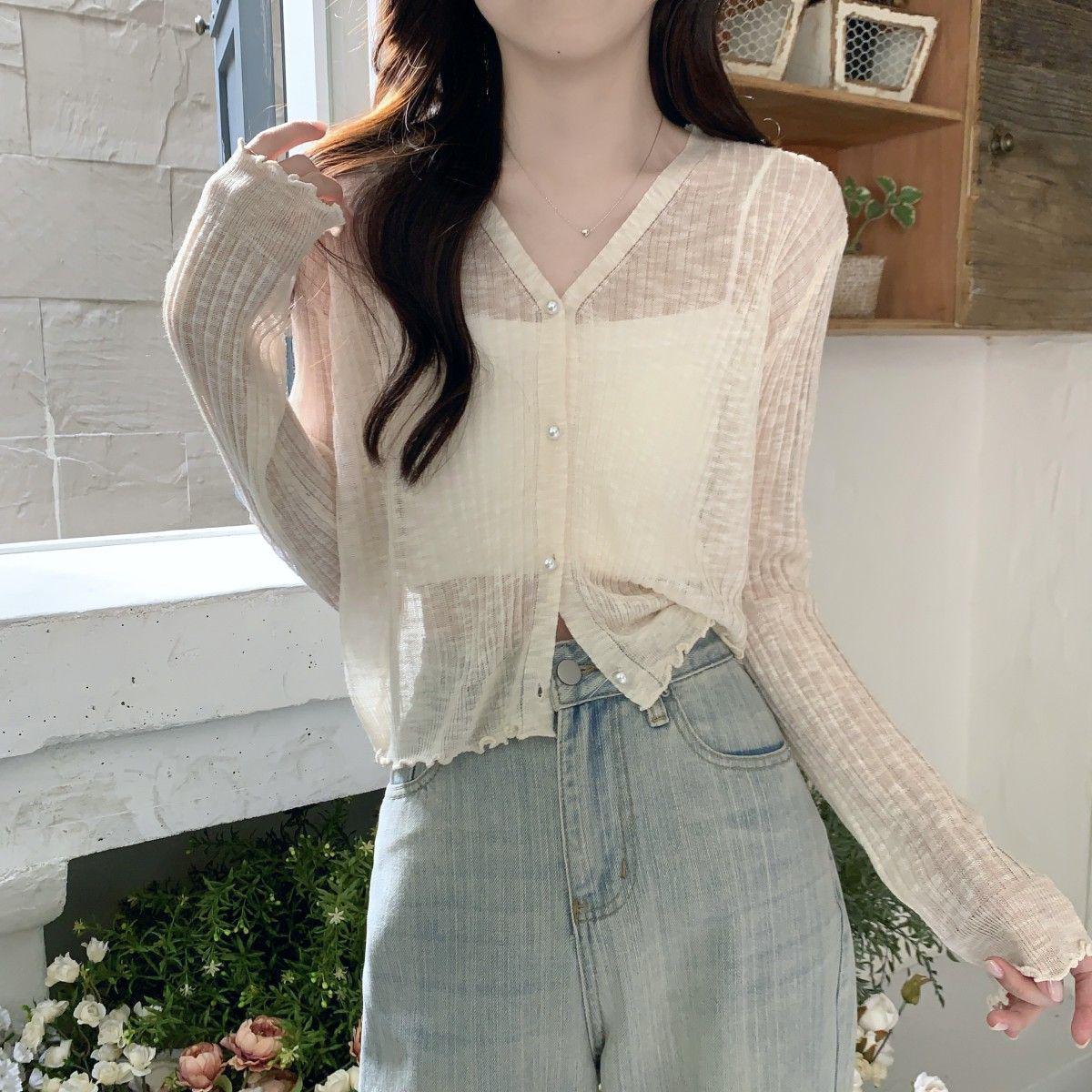 

Кардиган женский из ледяного шелка приталенного кроя в корейском стиле - Лето 2025 с длинным рукавом, солнцезащитная накидка One Size (For Up to 125 Jin)