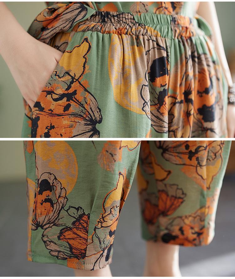 2025 Summer Cotton Linen Floral T-shirt & Harem Pants Set for Women