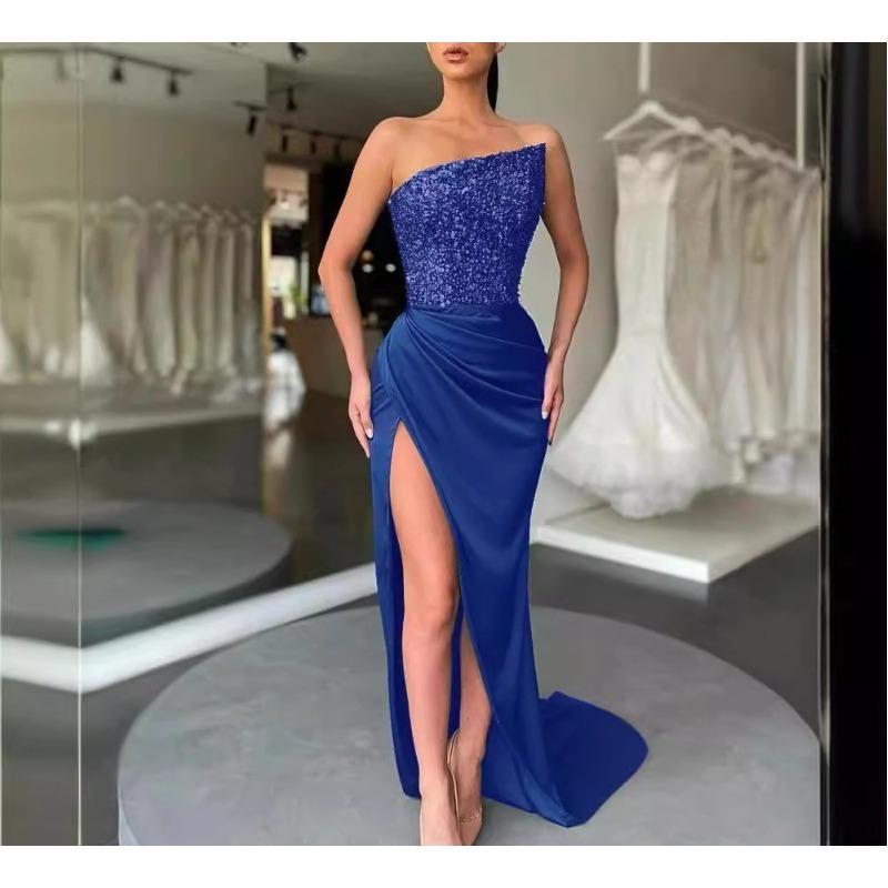 YYFS Dámská móda léto jaro koktejlové a večerní šaty s vysokým pasem a šikmým límcem