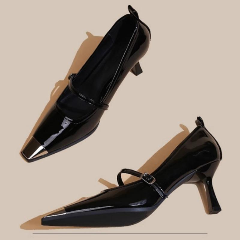 Fashion Spring New Thin Heel Single Shoes Women's Metal Square Head Shallow Mouth Splicing A Line with Non-slip High Heels