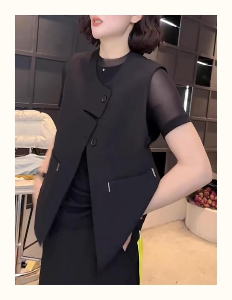 Women's Slimming Black Round Neck Button Blouse - Stylish Spring 2025 Fashion with Unique Vest Design