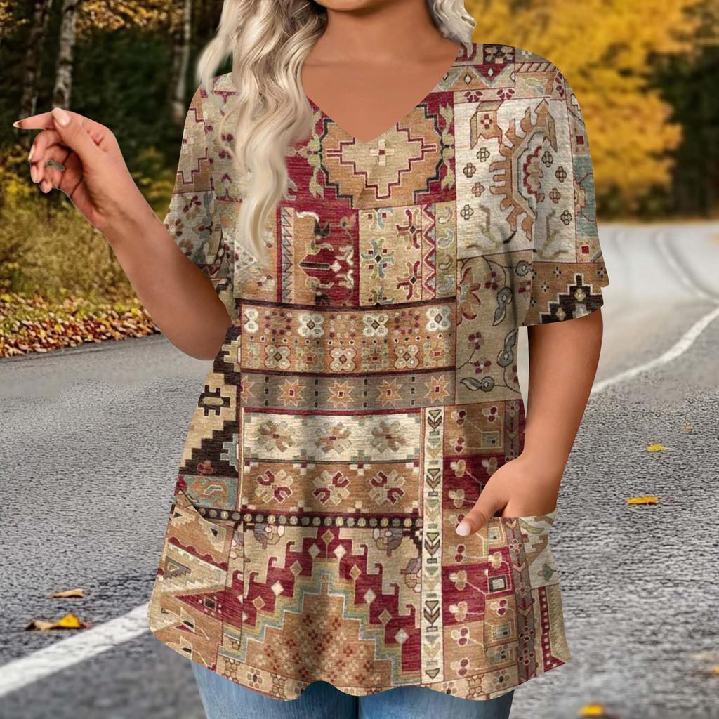 Women's Fashion Plus Size Printed Short Sleeve Blouse For Elegant Commuting And Casual Wear
