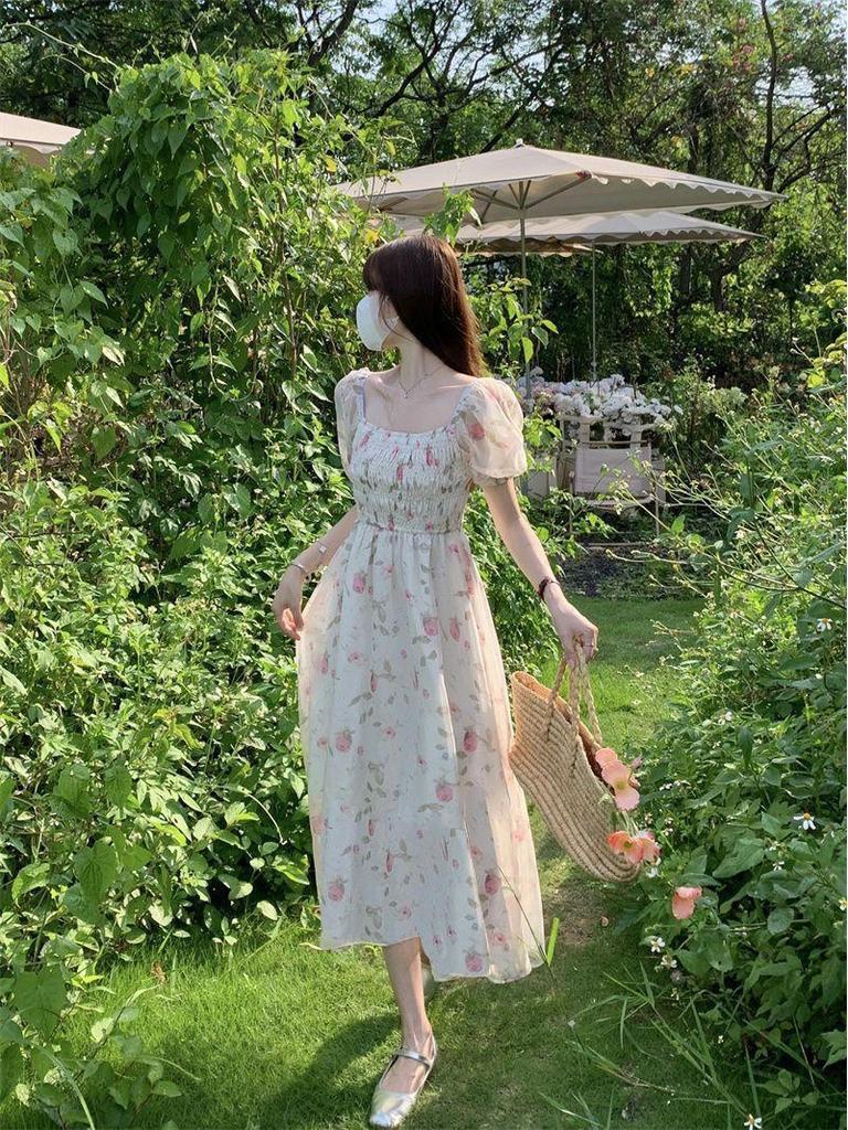 2024 Dámské letní sladké květinové šaty s jedním ramenem, slim fit, dlouhé, s balónkovými krátkými rukávy