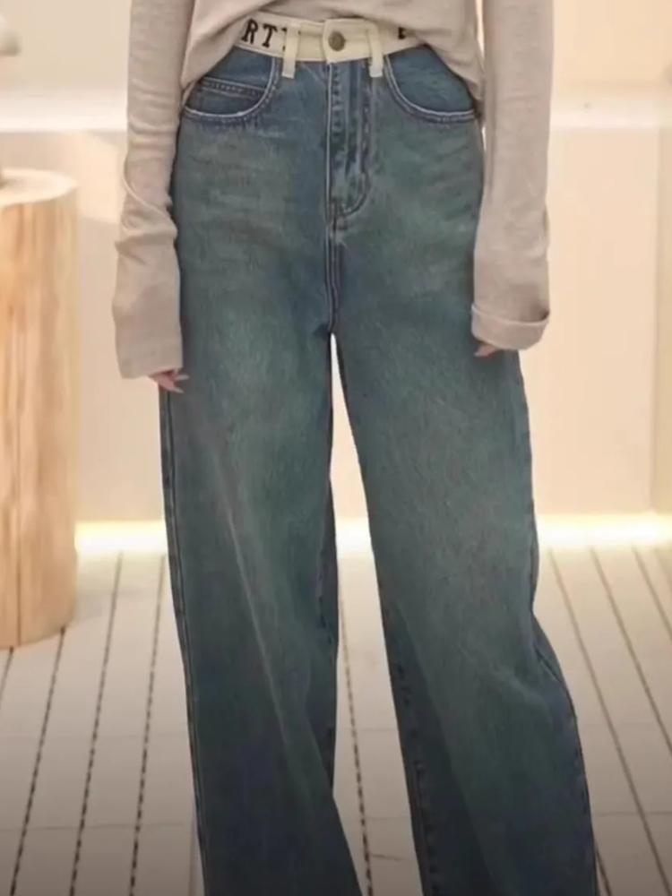 Narrow Elastic Straight Jeans Women 2024 New Summer Slimming Mopping Pants Plus Size Embroidered Meat-Covering Wide-Leg Pants