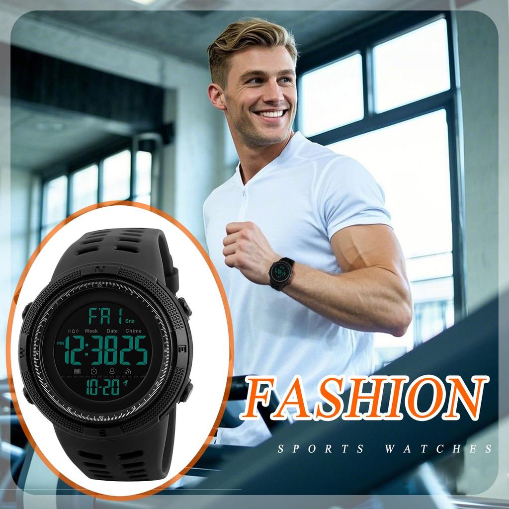 Men's Silicone Watch, 5ATM Water Resistant, Date Display, Day Display, Digital Display, Multi-Function, LED Display, Stainless Steel, Popular,