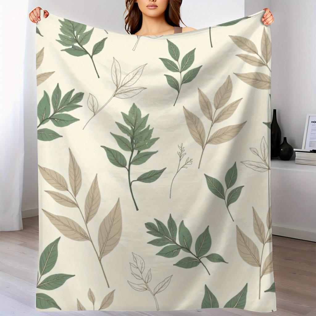 Green Leaf Pattern Fleece Blanket Nature Design Soft Cozy Throw Home Decor for Living Room or Bedroom Gift for Women