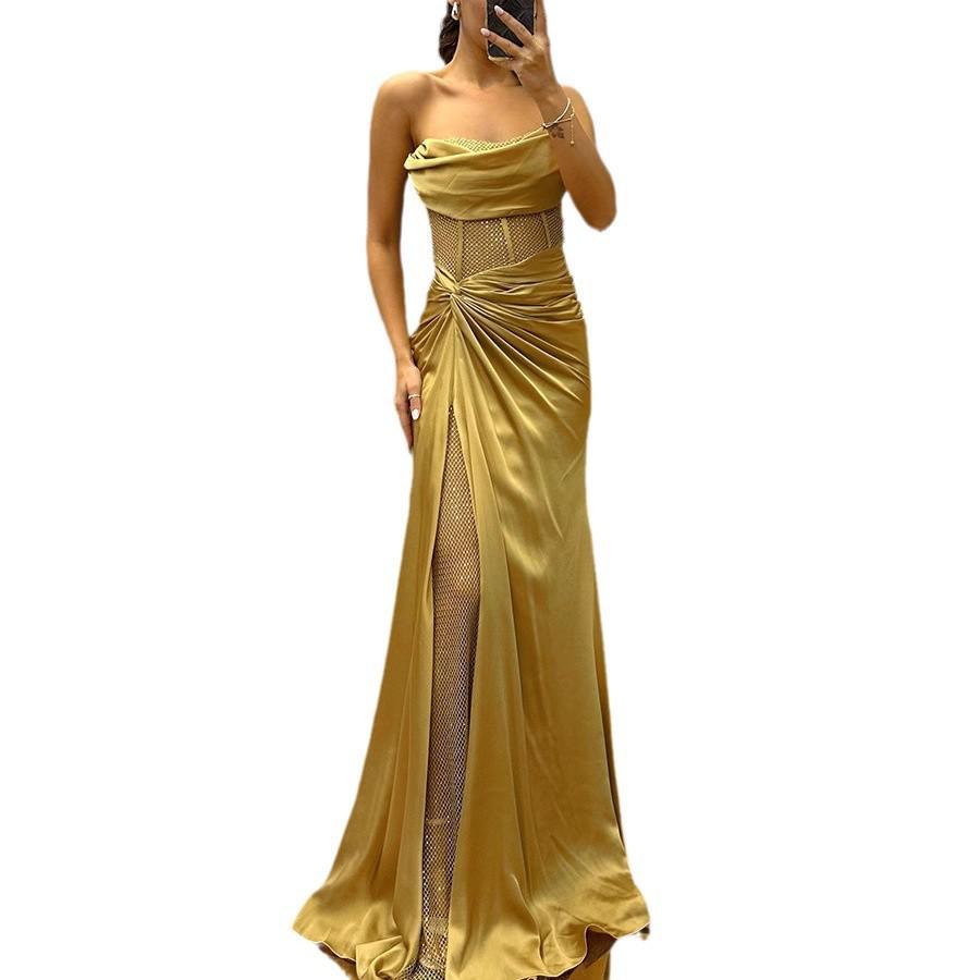 European-American Satin Tube Party Dress: Casual Ins-Inspired Patchwork Fashion