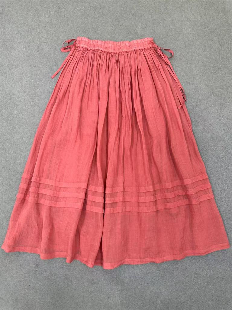Johnature Gonna Mezza Lunghezza Stile Foresta Primavera Estate A-line Doppio Strato Vintage Vita Elastica Con Laccio Gonne