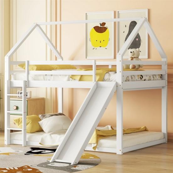 Stable Base Bunk Bed with Ladder Slide Falling Protection House Bed Strong Load Bearing Double Bed Solid Structure Wood Frame Family Loft Bed Bedroom