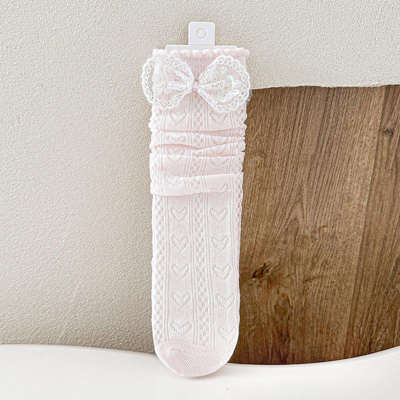 Children Spring Summer Mid-calf Socks Girls Lolita Thin Lace Calf Socks JK Pink Bowknot Sweet Loose Socks Stockings for 3-8Y