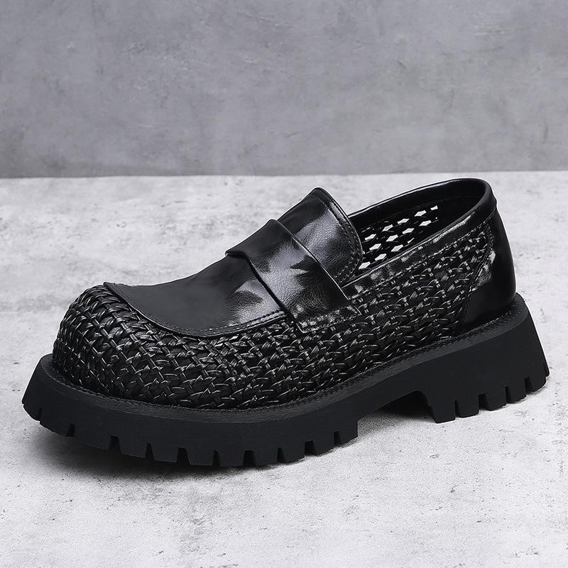 

2025 summer new hollow leather shoes men s breathable woven leather business platform casual shoes one pedal loafers 38