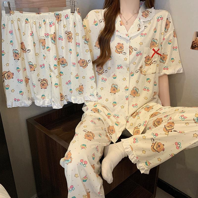 Imitation cotton pajamas women's summer cartoon short-sleeved three-piece set summer thin comfortable loungewear