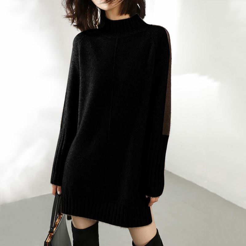 Women's Mid-Length Knitted Wool Sweater Dress with Half-High Neck and Slit – Fashionable and Loose for Autumn and Winter.