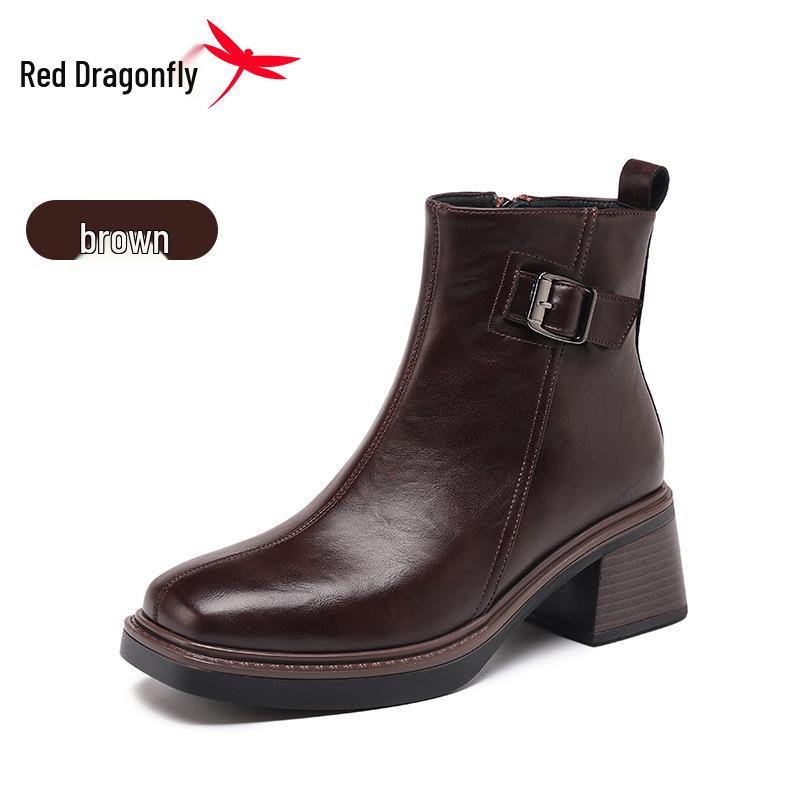 Red Dragonfly Women s Genuine Leather Chunky Heel Boots - Non-slip, Slimming Short Boots for Autumn and Spring. 35 коричневый