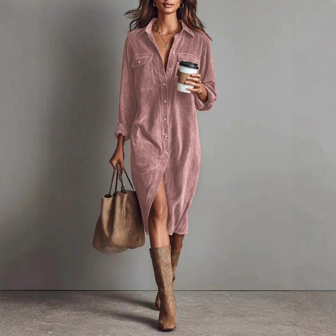 

2025 Solid Color Corduroy Long Sleeve Shirt Dress with Lapel 3XL розовый
