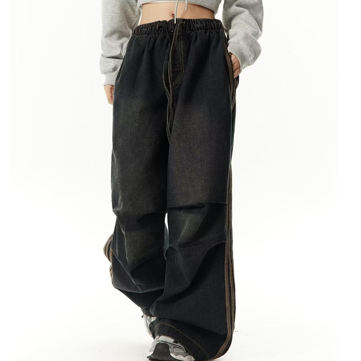 

Джинсы унисекс с широкими штанинами, плиссированным американским дизайном и полосками по бокам — повседневная одежда на весну/осень 3XL чёрный