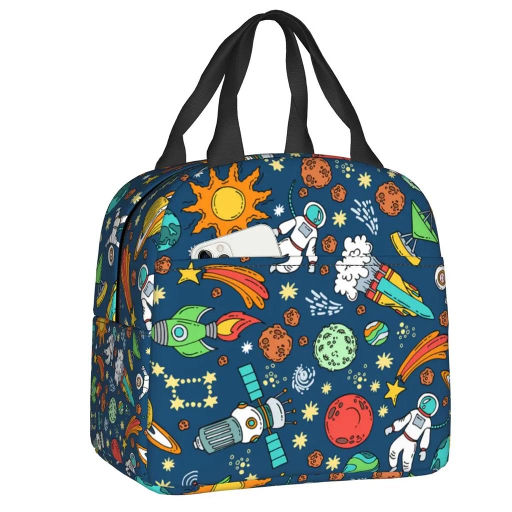 Cartoon Space Planet Rocket Thermal Insulated Lunch Bag Women Astronaut Spaceship Portable Lunch Box for Kids School Food Bags