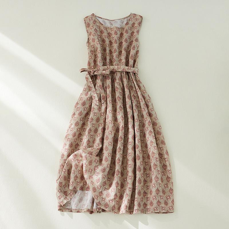 Light Pink Plaid Sleeveless Cotton Linen Dress - Summer 2026 Over-the-Knee