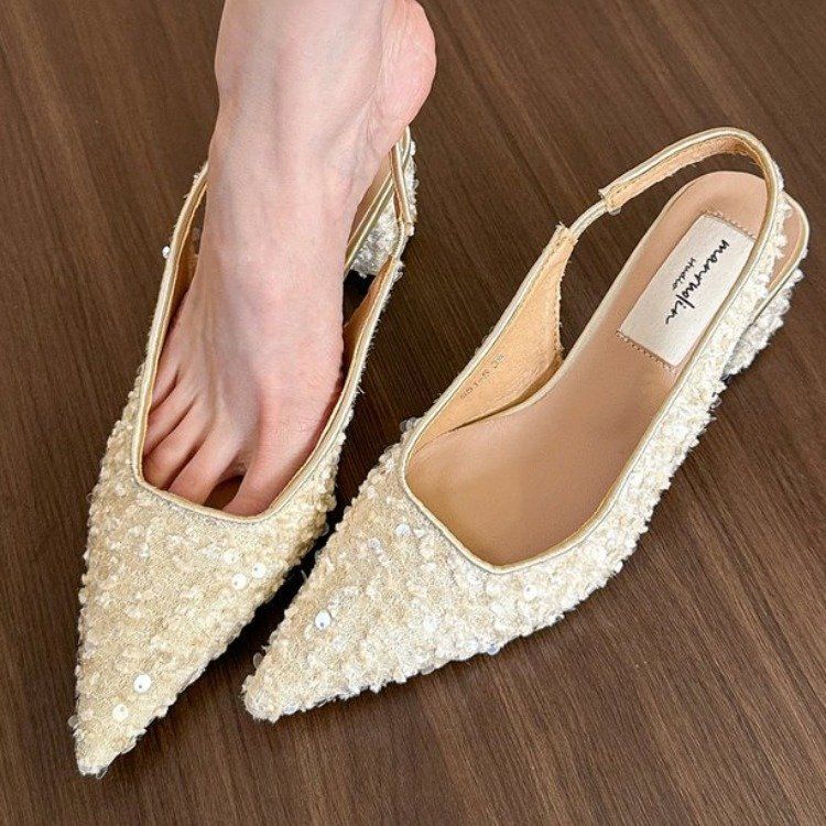2025 spring new pointed sequined thick heel non-slip sandals women's spring and summer bag head rear empty shallow mouth casual women's sandals