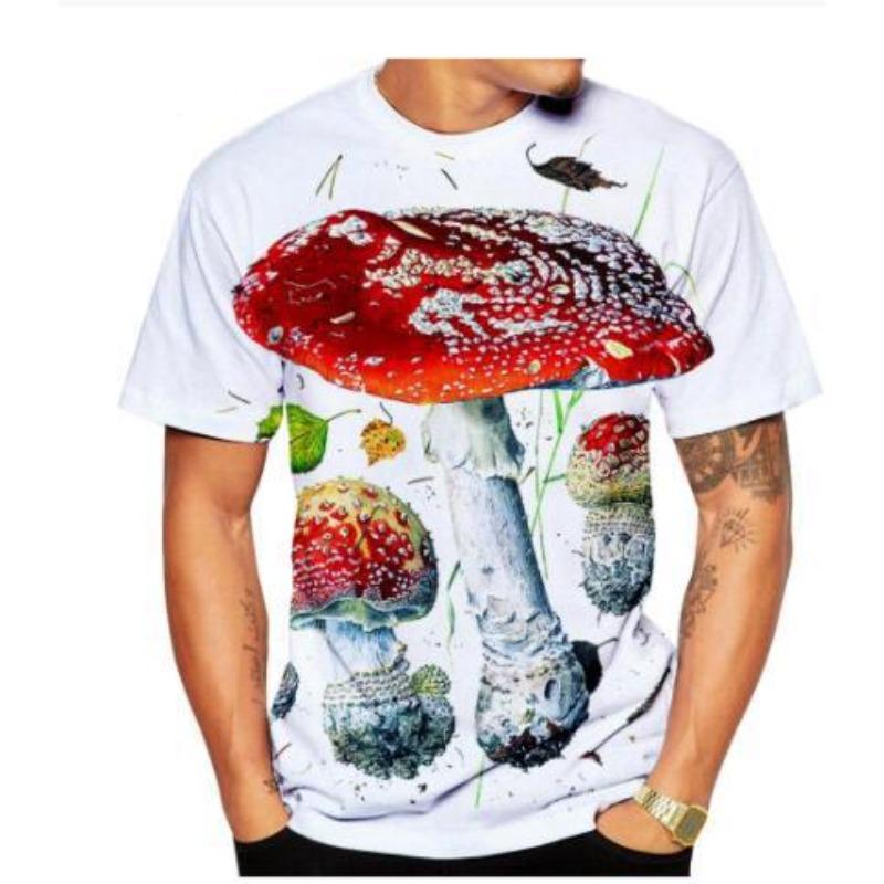 Tricou cu gât rotund imprimat cu ciuperci alimentare, tricou inedit cu ciuperci, casual pentru bărbați, cu mânecă scurtă
