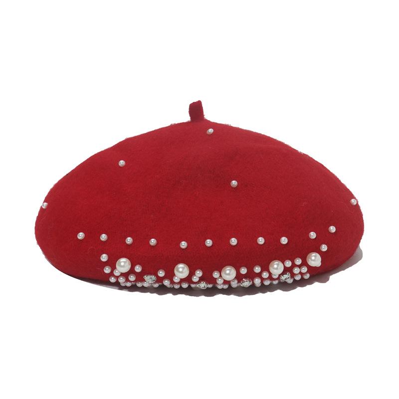 Women Fashion Wool Beret Custom Elegant Girls Beret with Pearl Rivets Wool Beret for Lady