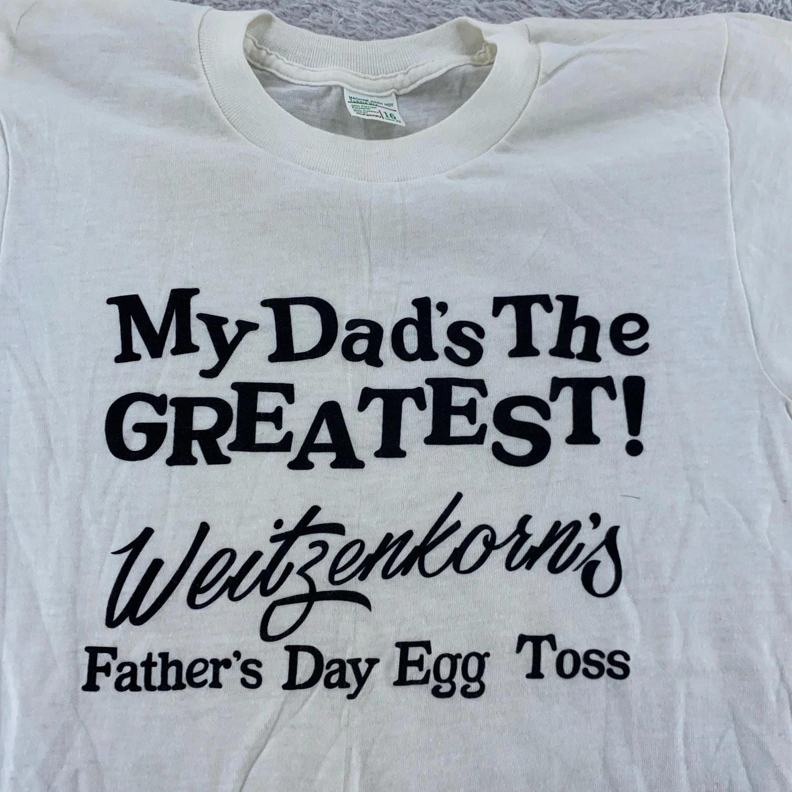 

Vintage 80s Weitzenkorn s Father s Day Egg Toss Shirt Mens XXS White Promo S