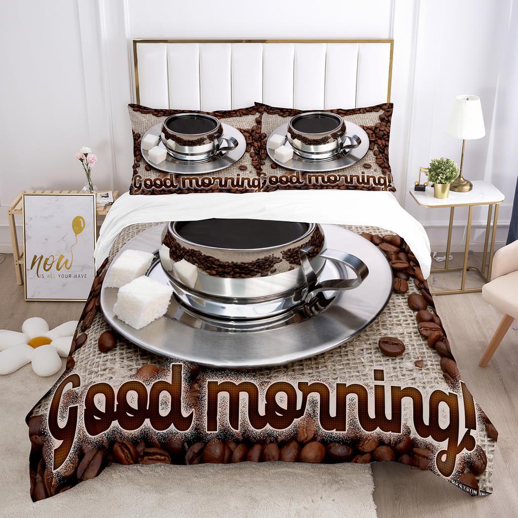 Buon Mattino Set Copripiumino Stampa 3D Pane Caffè Colazione Poliestere Copripiumino King Queen Matrimoniale per Set Letto Adolescenti
