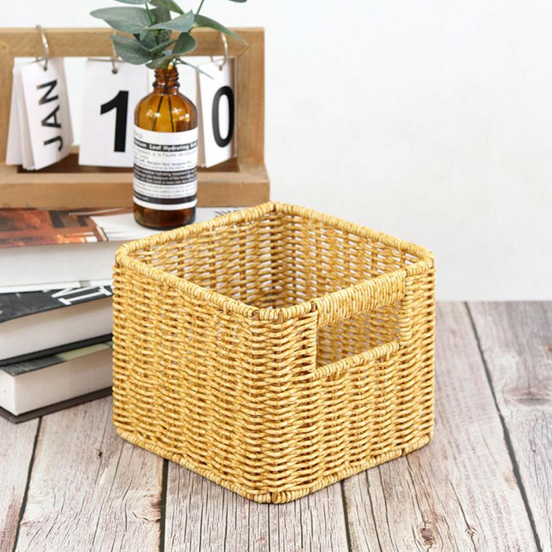 1Pc PP Simple Storage Case Practical Hand-woven Removable Imitation Rattan Desktop Organizing Box Storage Basket