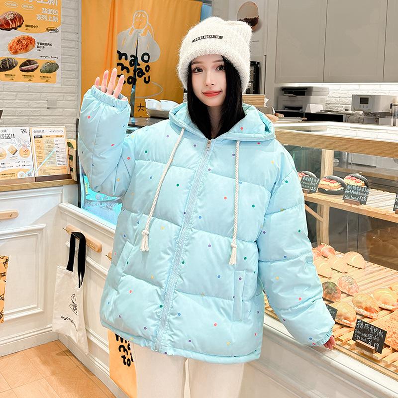 

Милое хлопковое пальто с капюшоном в корейском стиле, в горошек, для женщин, зимнее, новое, свободное, утолщенное, студенческое, пальто-хлеб, хлопковое пальто XL