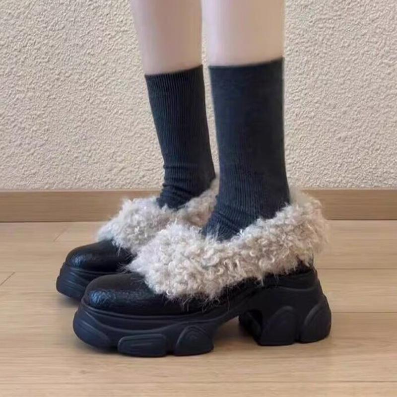 

Меховые высокие каблуки Зимние ботинки Женская мода Массивные теплые лоферы Обувь Зимний дизайнер Хлопковая обувь Уютное платье Мухер 40