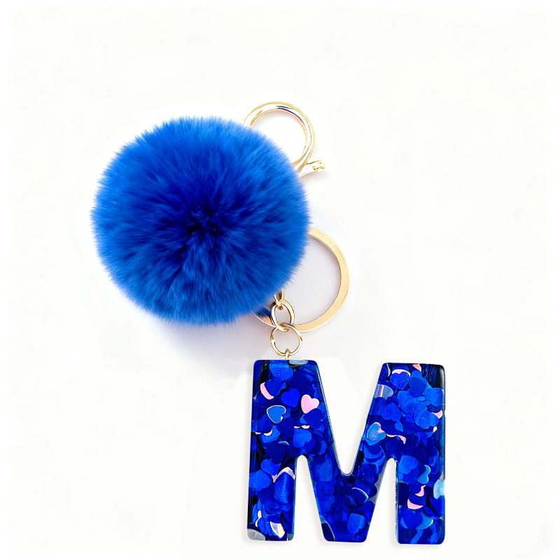 

Fashion A-Z Initial Letter Blue Resin Keychain Cute Hairball Pendant Keyring Car Key Holders Backpack Charm Accessories Gift M