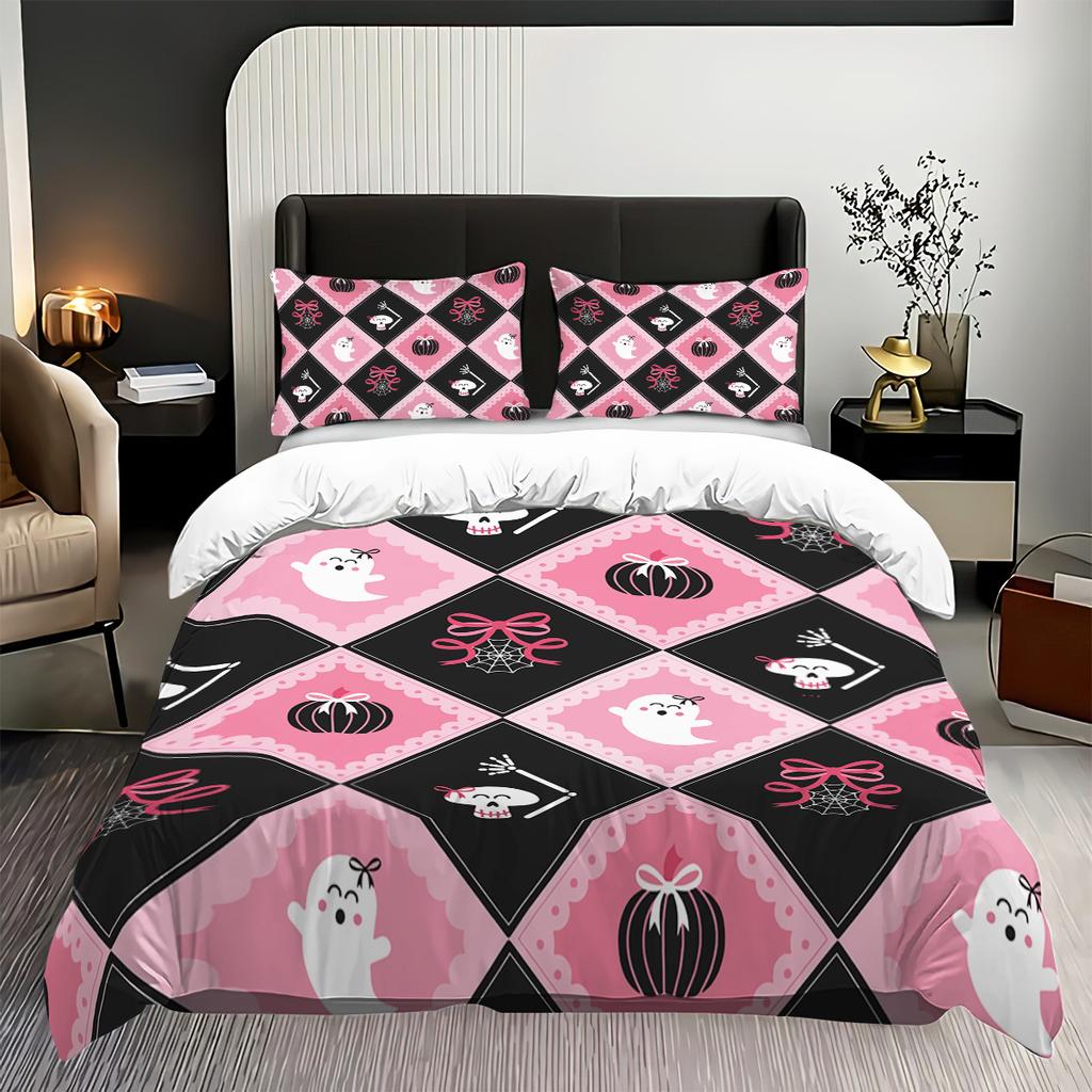 3-piece Halloween Cute Ghost, Bow Pattern, 1 Quilt Cover+2 Pillowcases, Core Free, Soft and Comfortable Quilt Cover Set
